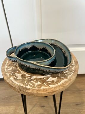 Handmade Teal Drip Glaze Ceramic Serving Bowl Set Fir Sandwich/cracker & Soup